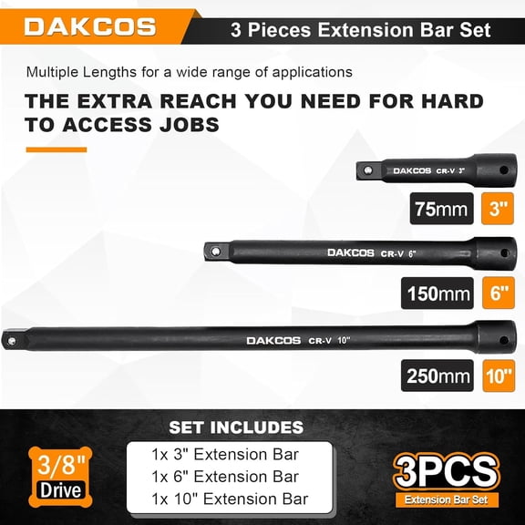 FJSHN-3 Pieces 3/8-Inch Drive Impact Extension Bar Set Includes 3 6 10 Inch Socket Extensions, Premium Chrome Vanadium Steel with Black Phosphate Finish