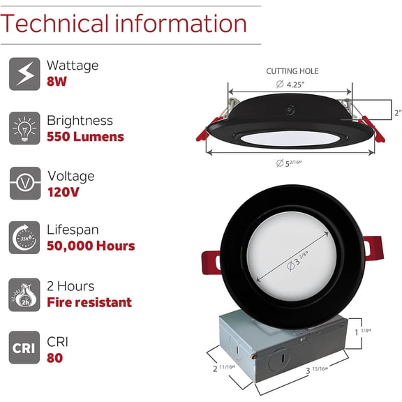 FJSHN-4 inches Gimbal LED Ultra Slim Recessed Lights, 9W, 550 Lumens, 5CCT Color Selectable (2,7K/ 3K / 3,5K / 4K / 5K), Dimmable, IC Rated, ETL Certified, Black Finish