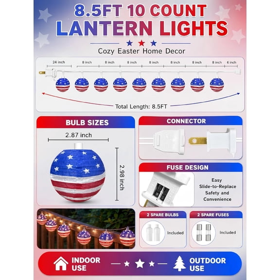 FJSHN-4th of July Decorations Outdoor, 8.5FT American Flag Lantern String Lights, Waterproof Nylon Plug In Patriotic Lights, Connectable LED Red White and Blue Lights for Camping RV Awning Independen