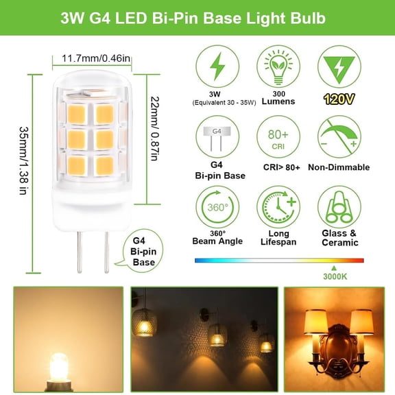 FJSHN-5 PCS -120V G4 LED Light Bulbs 3W JC Bi-Pin Base(Not Low Voltage 12V) 30W-35W Halogen Replacement Bulbs 120V for Under Cabinet Ceiling Table Wall Puck Lights (Warm White, 5 Pack)