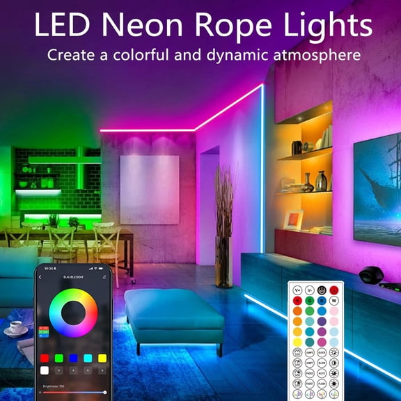 FJSHN-50FT Neon Rope Lights,Flexible Led Light Control with App/Remote,Multiple Modes,IP65 Outdoor Waterproof,Music Sync Strip for Bedroom