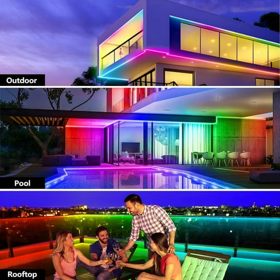 FJSHN-50FT Outdoor LED Strip Light Waterproof,IP68 Outside RGB Light Strip with App/Remote Control,Chase Mode,Music Sync Rope Light for Balcony,Deck,Rooftop,Garden,Pool