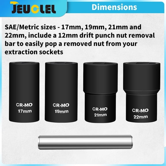 FJSHN-5PCS Twist Lug Nut Socket Set - 1/2 inch Drive Damaged Nut Lock Remover Extractor - Rusted & Strip & Stripped & Stuck Locking Nut Removal Tool Kit with 17mm 19mm 21mm 22mm Sockets