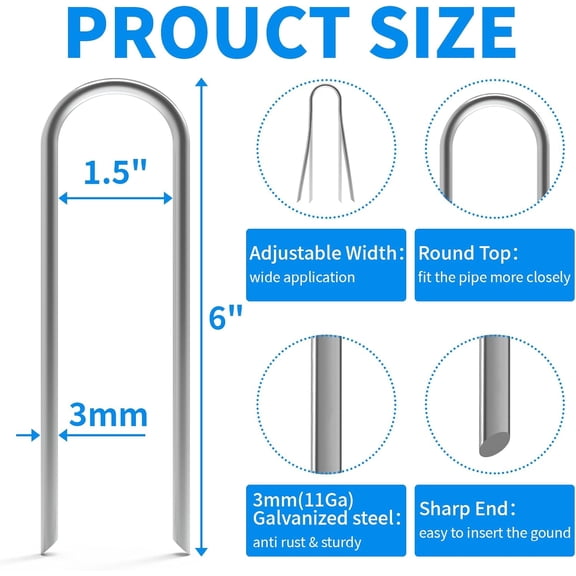 FJSHN-6 Inch 50 Pack U Shaped Garden Stakes, Heavy Duty 11 Gauge Galvanized Drip Irrigation Stakes Landscape Staples for 1/2" to 1-1/2" Soaker Hose, Weed Barrier, Yard Decorations, Fencing