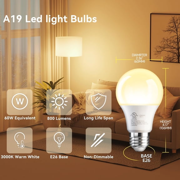 FJSHN-6 Pack A19 LED Light Bulbs, 60 Watt Equivalent LED Bulb, Warm White 3000K, Efficient 9W, E26 Standard Base, Non Dimmable Energy Saving Lightbulb, 800LM, 80 CRI, 120V, UL Listed