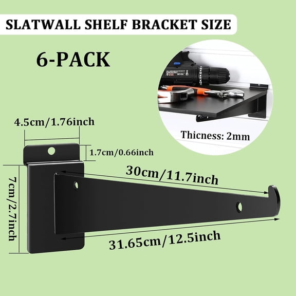 FJSHN-6 Pack Slat Wall Shelf Bracket 12 Inch, Heavy Duty Slatwall Shelf Brackets for Shelves, Metal Floating Slatwall Accessory with Lip for Commercial and Garage Slat Panels Shelving Display