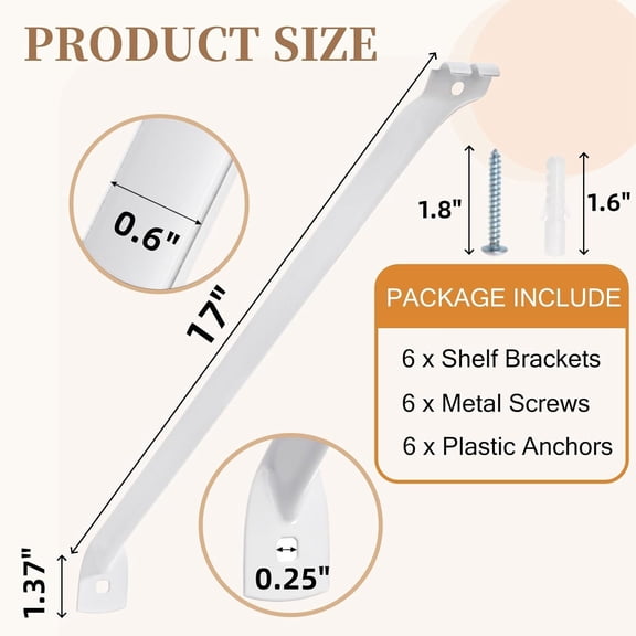 FJSHN-6 Pieces 12 Inch Wire Shelf Brackets Set, Support Brackets Rack with Anchors and Pins for Installation, Suitable for Shelves Closet Wardrobe and Laundry Room Shelves Installation
