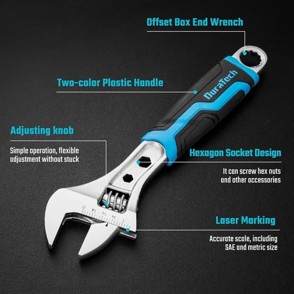FJSHN-8 Inch Adjustable Wrench, 3-in-1 Spanner with Box End/Hex Function, CR-V Steel, Metric & SAE Scales, Chrome-plated, Bi-material soft Grip