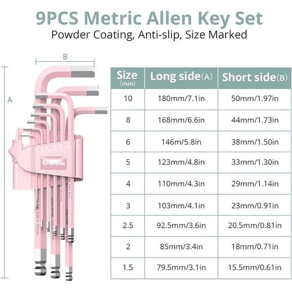 FJSHN-9 PCS PINK Allen Key Set, Long Ball End Hex Key Set, Cr-V Allen Wrench Set for Women, Size 1.5-10mm with Colour-Coding for Best Gifts and Home Repair