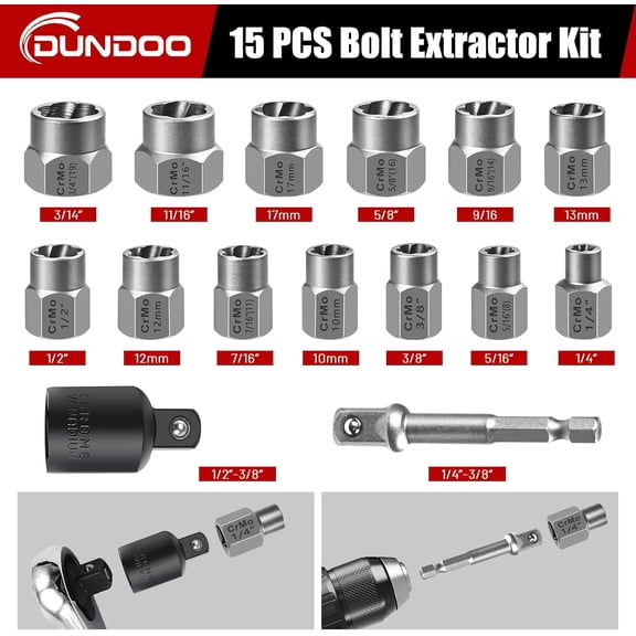 FJSHN-Bolt Extractor Set, 15PCS Easy Out Bolt Extractor Kit, 3/8" Drive Impact Stripped Bolt Remover Extractor Socket Set Tool for Rusted, Rounded, Damaged Nuts
