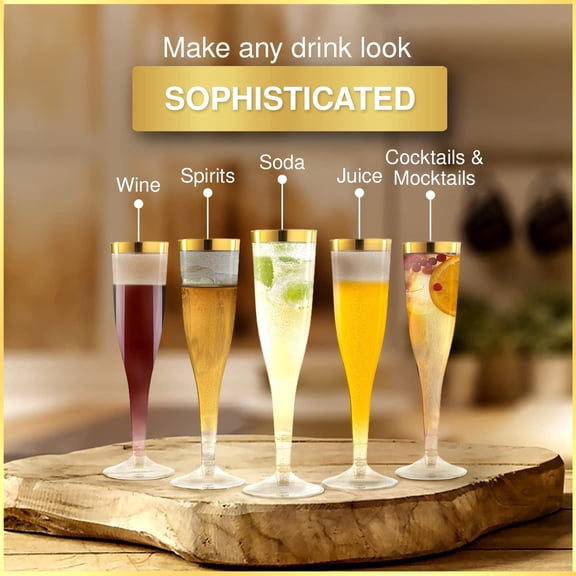 FJSHN-CHATEAU FINE Plastic Champagne Flutes, 6.5 Oz Glasses with Gold Rim & Glitter Gold Mimosa Design, Brunch Decor, Disposable