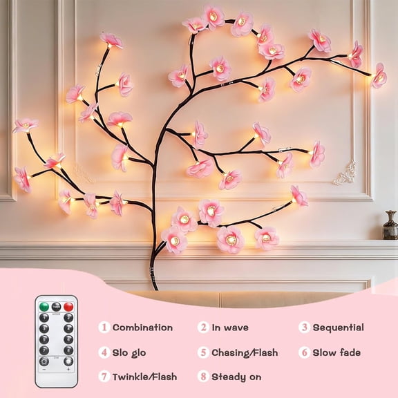 FJSHN-Cherry Enchanted Willow Vine Lights with Remote, 5.25FT 72LED USB Powered Pink Sakura Fairy Lights, 8 Lighting Modes, Flexible Twig Lights for Wall, Bedroom, Party, Home Decor