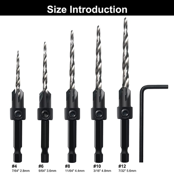 FJSHN-Countersink Drill Bit Set, 5Pcs Tapered Drill Bits M2 HSS, with 1/4" Hex Shank Quick Change and Allen Wrench, Counter Sinker Set for Woodworking and Carpentry, Pilot Screw Hole Set