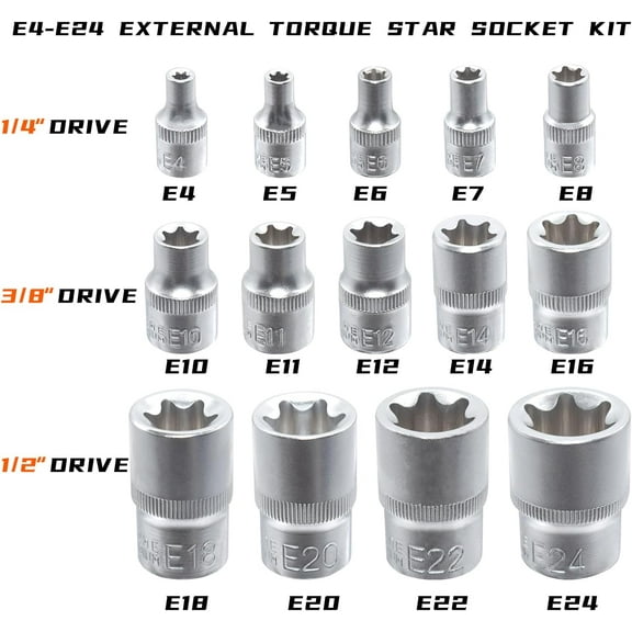 FJSHN-E-Torx Socket Set, 14 Piece Female E-Torx Star Socket Set, 1/4" 3/8" 1/2" Drive, E4 to E24 External Torque E Socket Set, 14pcs Star Socket Kit