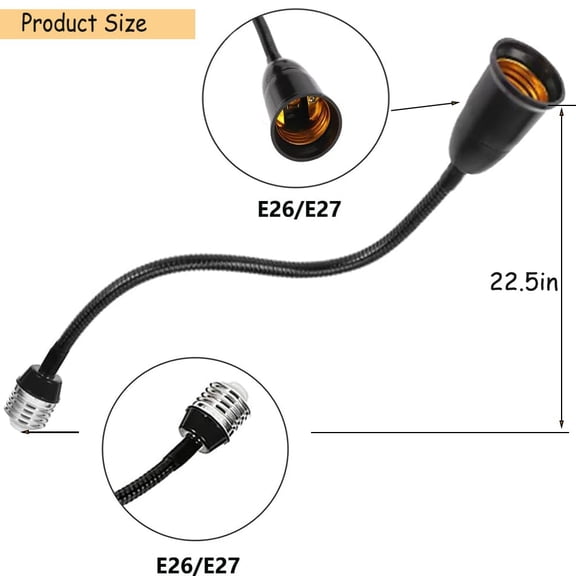 FJSHN-E26/E27 Light Socket Extender Adapter, 58CM/22.5 Inch Extension165 Heat-Resistant No Fire HazardBendable Flexible Gooseneck Adjustable Extension Socket Extender Adaptor (Black)