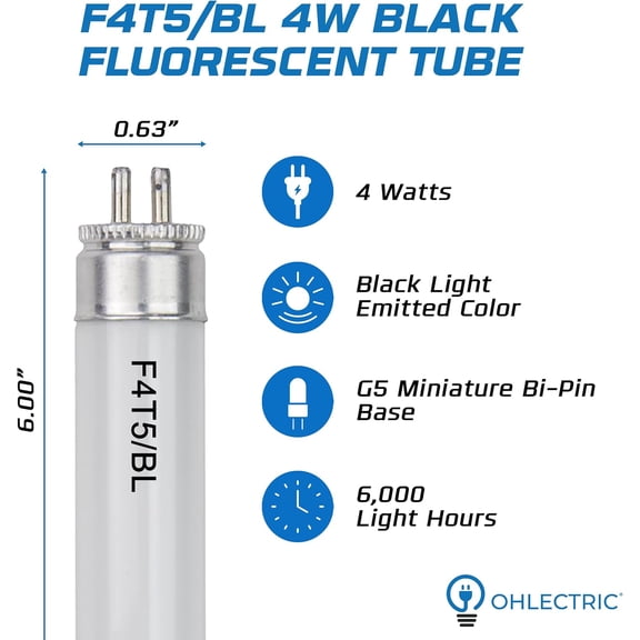 FJSHN-F4T5/BL Linear Fluorescent Tube 6-Inch (4-Pack) T5 4W Straight Black Light Linear Bulbs, High Output Glow Effect Party Bulb, G5 Base