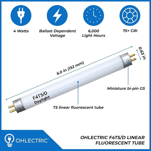 FJSHN-F4T5/D Linear Fluorescent Tube 6-Inch (4-Pack) T5 4W Straight Bulbs Daylight Camping Lantern Bulb Linear Bulbs, High Output Under Cabinet Bulb, G5 Base 6500K