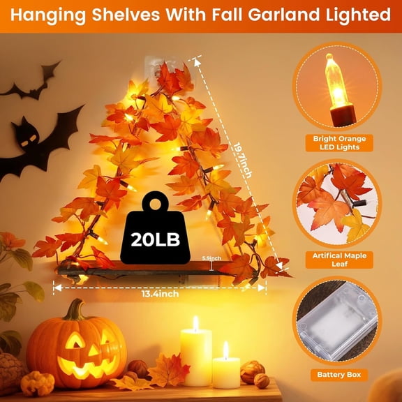 FJSHN-Fall Wall Decor Macrame Wall Hanging Shelf with Fall Lighted Garland,2 Pack Fall Leaves Garland Lights Boho Floating Shelves for Bedroom Living Room Boho Wall Dcor, Fall Decorations for Home