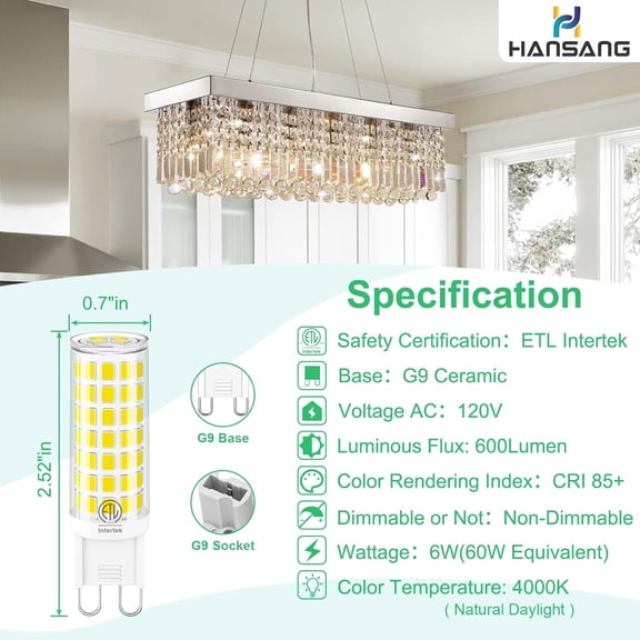 FJSHN-G9 LED Bulb 6W(60W Halogen Equivalent), G9 Light Bulb Bi Pin Base, Natural White 4000K G9 Base Bulbs for Chandeliers, 600LM Non-Dimmable No Flicker, 6 Pack