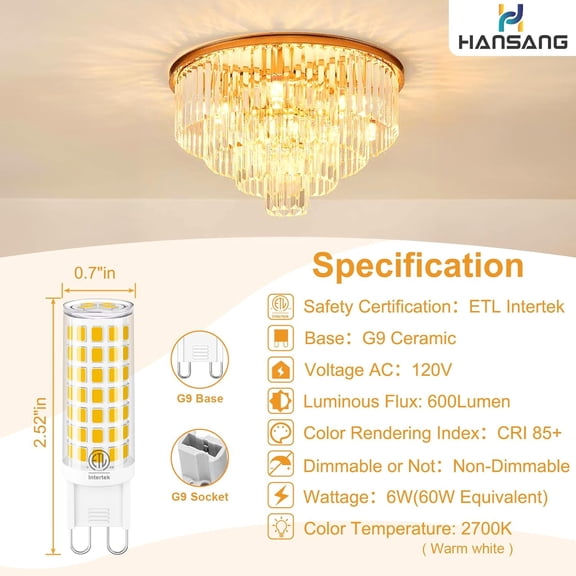 FJSHN-G9 LED Bulb Bi Pin Ceramic Base 2700K Soft White, 60W Halogen Equivalent T4 LED Light Bulbs, G9 Base Chandelier Light Bulb for Home Lighting, 600LM, Non-dimmable, 6 Pack