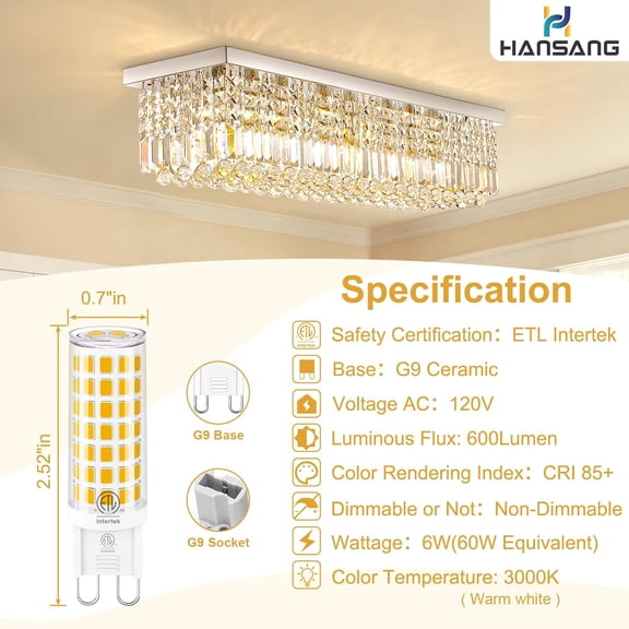 FJSHN-G9 Led Bulb,6W(60W Halogen Bulb Replacement), Chandelier Light Bulbs,88 LEDs,Warm White 3000K,Non-dimmable,G9 Bi Pin Base,360 Transparent Plastic,550LM,Pack of 6