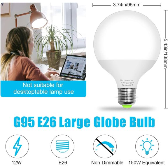 FJSHN-G95 LED Globe Light Bulbs, 12W(150W Equivalent) Large Globe Light Bulbs, Non-Dimmable, E26 Base, 1500 Lumen, LED Bulbs Natural White 4000K, Perfect for Vanity, Indoor Living Room, 1-Pack