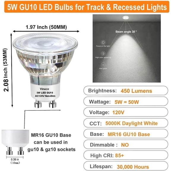 FJSHN-GU10 LED Light Bulbs Non-Dimmable, 6PCS Long Lasting MR16 GU10 LED Bulb 5000K Daylight White Flicker-Free, 450LM GU 10 Bulb 5W (50W Equivalent) GU 10 Light, 120V 50W for Track Lighting
