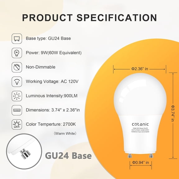 FJSHN-GU24 LED Light Bulb, 2700K Warm White, 60W Equivalent, 900 Lumens CRI 85+, 2 Prong GU24 Light Bulbs A19 Shape, 9W LED Twist and Lock Pin Base with Two Prongs for CFL Replacement, Non-Dimmable 4