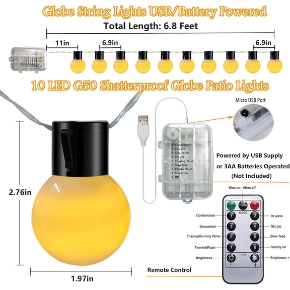 FJSHN-Globe String Lights Indoor Battery Operated & USB Powered, 6.8Ft 10 LED Edison Bulb String Lights with Timer, Outdoor Patio Light String for Marquee Letters Numbers Patio Backyard Camping Party