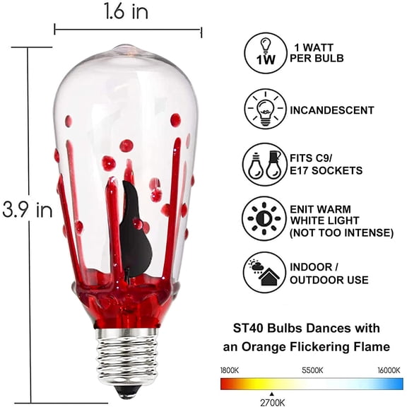 FJSHN-Halloween Flicker Flame Light Bulbs, ST40 Blood Drop Replacement Bulbs Edison Flicker LED Bulbs with Orange Red Flame for Outdoor Halloween String Lights, 1 Watt- E17 Intermediate Base, 10 Pack