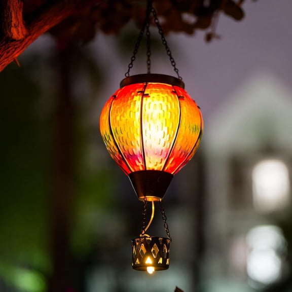 FJSHN-Hot Air Balloon Solar Lantern with Candle Holder, Glass Hanging Solar Lantern with Flickering Flame, Solar Lanterns Outdoor Waterproof for Lawn, Patio, Porch, Tree Decor