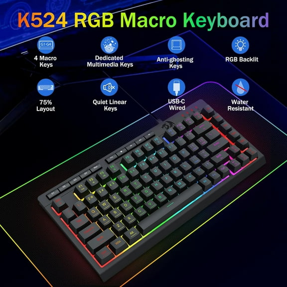 FJSHN-K524 Wired Gaming Keyboard, RGB Backlit, 75% Compact Quiet Membrane Keyboard with Programmable Macro and Multimedia Keys, Anti-ghosting, Spill Resistant for Win/MAC/PS/Xbox