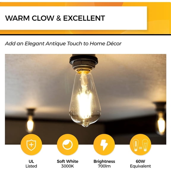 FJSHN-LED Edison Bulbs, 6W, Equivalent 60W, Dimmable E26 LED Bulb, 3000K Soft White, 90+ CRI 700 Lumens, ST19 Vintage Light Bulbs, Clear Glass, Pack of 3