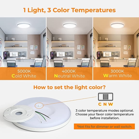 FJSHN-LED Flush Mount Ceiling Light, 12 Inch 24W 3000K/4000K/5000K Hardwire Light Fixture, Ultra Thin Round White Lamp for Kitchen Porch Bedroom Hallway Stairwell Basement, Non-dimmable 1 Pack