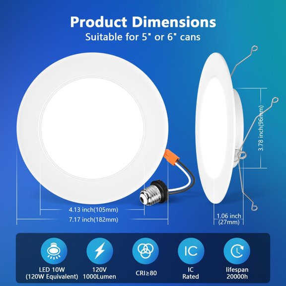FJSHN-LED Recessed Light 6inch, 5CCT Can Lighting with White Cover, Color Selectable Dimmable Downlight with E26 Conversion Kit, 2 Pack