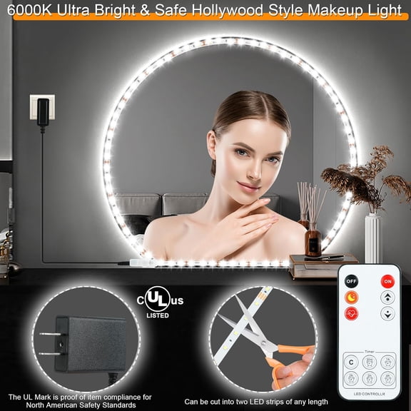 FJSHN-LED Vanity Mirror Lights for Makeup Dressing Table Vanity Set 13ft Flexible LED Light Strip Kit 6000K Daylight White with Dimmer and Power Supply, DIY Mirror, Mirror not Included