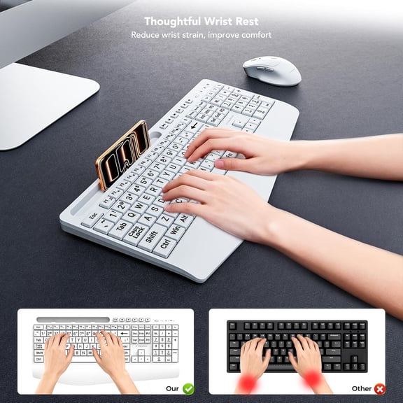 FJSHN-Large Print Wireless Keyboard, Full Size Cordless Computer Keyboard with Phone Holder, Palm Rest, Ergonomic Tilt Angle, 2.4G Plug-and-Play, Compatible with Tablet/Windows/Laptop/PC, White