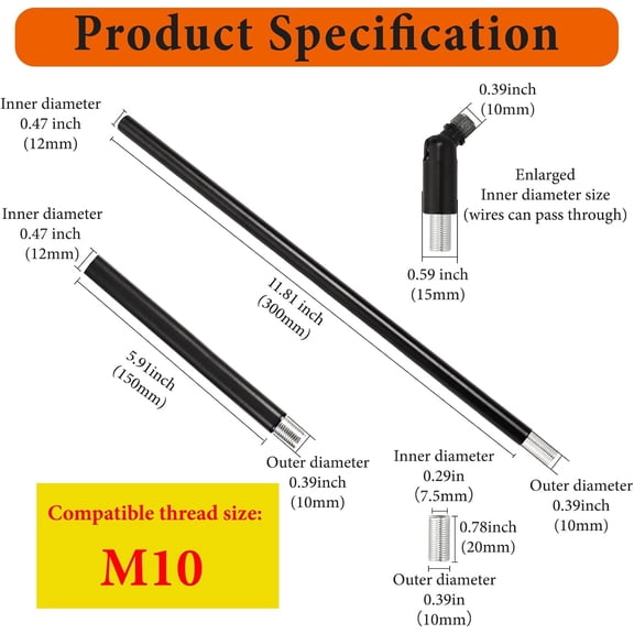 FJSHN-M10 Threaded Light Extension Rod Kit - 6" & 12" Rods with Sloped Ceiling Adapter, for Pendant Light, Chandelier, Island Lighting, Lighting Fixture Downrods & Stems (2 x 6''+2 x 12''-White)