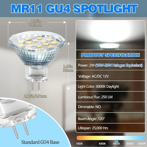 FJSHN-MR11 GU4 12V-24V LED Light Bulbs, 2W Equivalent 10W-20W Halogen GU4 Bi-Pin Base Spotlight Bulb, 6000K Daylight White MR11 Bulb for Landscape Recessed Track Fiber Optic Light, 4PCs Not Dimmable