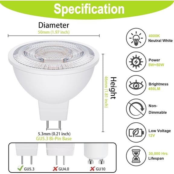 FJSHN-MR16 LED Bulbs 50W Halogen Equivalent, 4000K Neutral White, 5W MR16 GU5.3 Bi-Pin Base 12V Low Voltage Spotlight Bulb for Landscape Spotlight Track Recessed Lighting, Non-Dimmable, 12-Pack