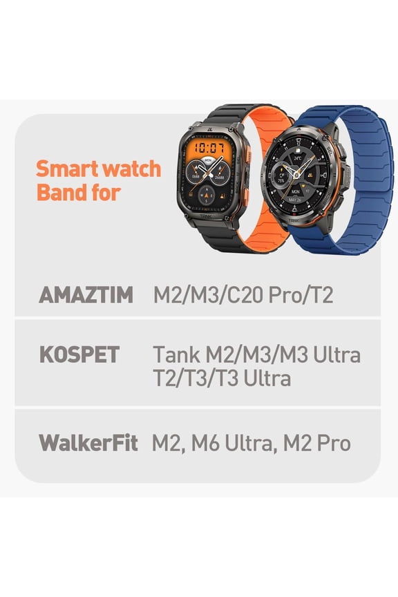 -Magnetic Watchband Compatible with AMAZTIM M2/M3/T2/T3, Silicone Sport Strong Magnet Strap for KOSPET Tank M2/M3/M3 Ultra/T2/T3/T3 Ultra Smart Watch, Compatible with Round, Square Smart Watch