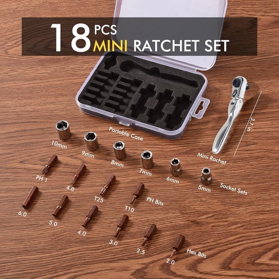 FJSHN-Mini ratchet screwdriver Set, Right Angle Screwdriver set with 1/4 Mini Flex Ratchet Wrench and Bits Sockets for Tight Spaces(Ratchet wrench with bits and socket)