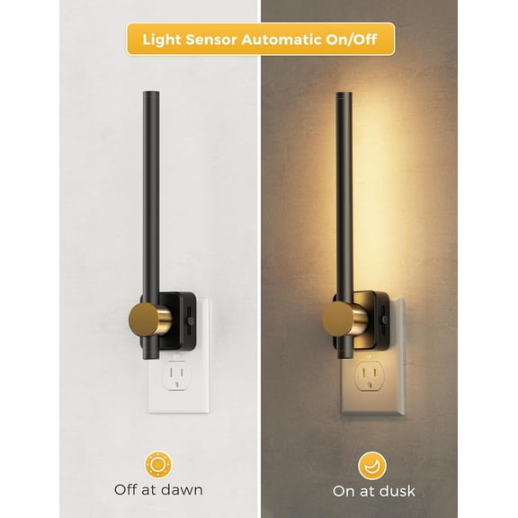 FJSHN-Night Light, Night Lights Plug into Wall, Dimmable Night Light 0-200LM, Nightlight Black and Gold Vanity Light Bar for Bathroom Bedroom, Soft White 3000K, Dusk to Dawn Sensor, 1Pack