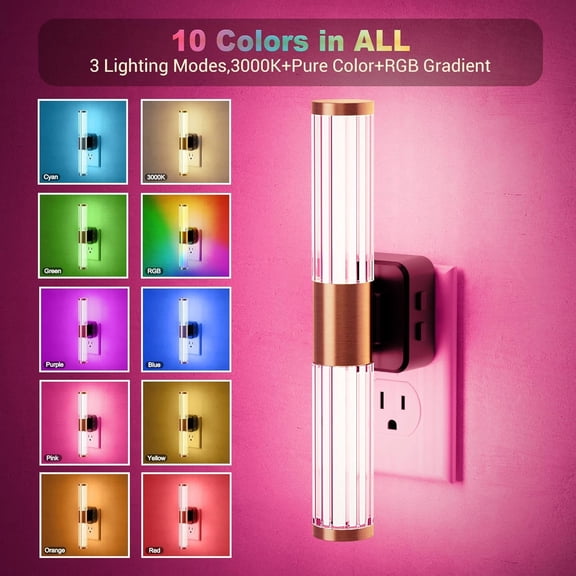 FJSHN-Night Light, Night Lights Plug into Wall, Color Changing Nightlight RGB with Dusk to Dawn Sensor, Vanity Light Bar for Hallway, Bathroom, Rooms