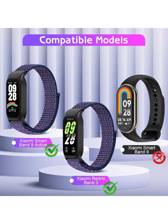 -Nylon Watch Bands Compatible for Xiaomi Smart Band 9 Active/Redmi Band 3, 2 Pcs Adjustable Breathable Sport Loop Wristband Replacement Straps for Women Men