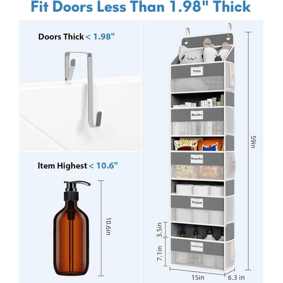 FJSHN-Over The Door Organizer Hanging, 5 Shelf Behind The Doors Storage, Pantry Door Organizer, Closet Organizers for Bedroom and Nursery (Dark Grey)