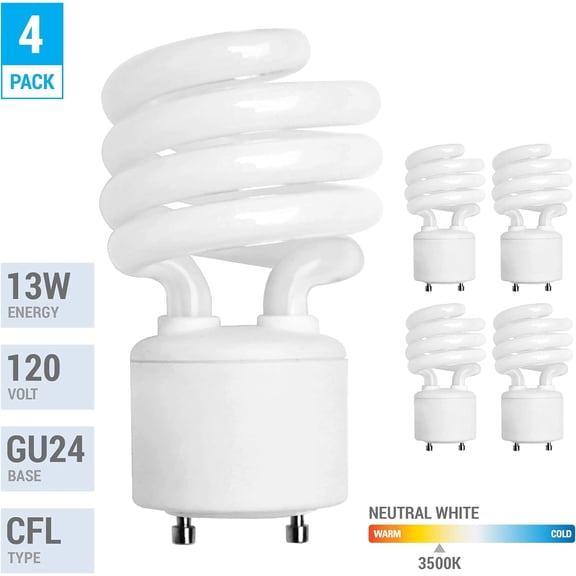 FJSHN-Pack of 4 13 Watt Mini Spiral GU24 Twist and Lock Base. Self-Ballasted CFL, 2pin Fluorescent Bulb, Neutral White 3500K (60 Watt Equivalent)