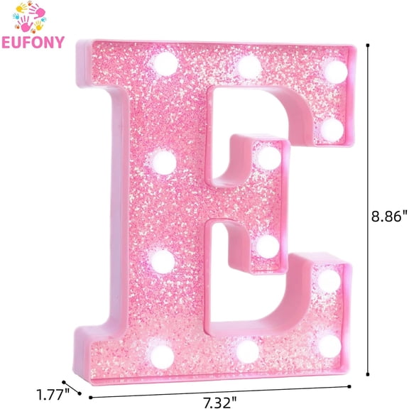 FJSHN-Pink Marquee Light Up Letters, Glitter Alphabet LED Letter Lights for Pink Birthday Party Decorations, Battery Operated Letter Sign for Girls Room Vanity Table Decor, Cool White Lights Letter E