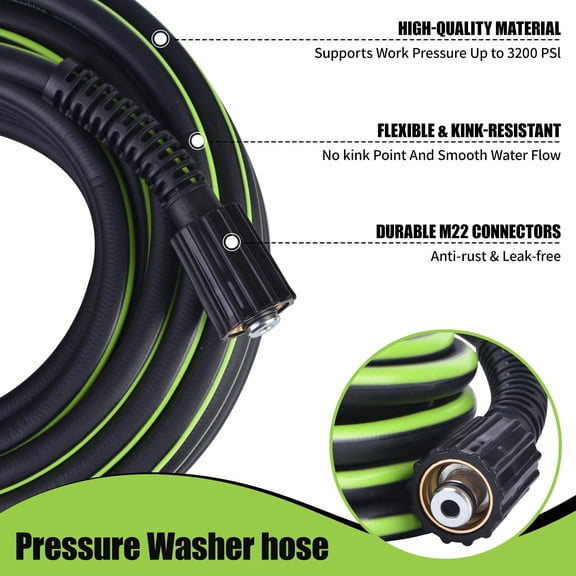 FJSHN-Pressure Washer Hose 1/4"  25FT - 3200 PSI Heavy Duty Power Washer Replacement with M22-14mm Fittings Kink-Resistant Flexible Water Hose for Electric & Gas Washers