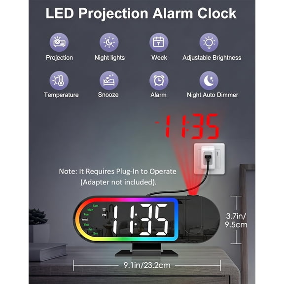 FJSHN-Projection Alarm Clock for Bedroom Ceiling, 8.5" Large Display Alarm Clock with 180 Rotatable Projector, 4 Brightness, 17 Ambient Light, Temp & Weekday, Snooze, Digital Clocks for Home Decor